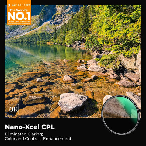 82mm Circular Polarizer Filter for DSLR and Mirrorless Cams Nano X Series Ultra Slim 5.3mm Multi Layer Coated HD CPL Lens filter displayed with vibrant lake scene