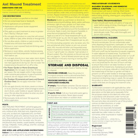 Label of Ant Mound Treatment That Really Kills Foraging Ants With Pyrethrins A Botanical Insecticide Safe Around Homes Livestock and Animal Dwellings Tackles Pavement Ghost Odorous House Argentine Crazy Acrobat and More with usage instructions and safety warnings.