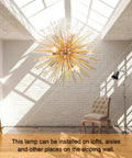 Gold Sputnik Pendant Light Fixture With 9 Lights Dope Modern Farmhouse Chandelier in a sunlit room, aluminum and E12 sockets