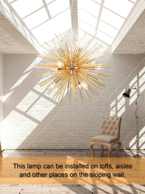 Gold Sputnik Pendant Light Fixture With 9 Lights Dope Modern Farmhouse Chandelier in a sunlit room, aluminum and E12 sockets