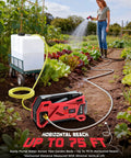 Kickass Cordless Water Transfer Pump 9.6GPM in garden watering plants with hose, battery powered, 75 ft reach.
