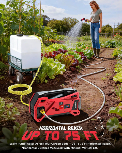 Kickass Cordless Water Transfer Pump 9.6GPM in garden watering plants with hose, battery powered, 75 ft reach.