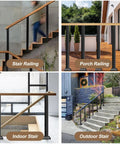 Collage of Eight Pack Black Indoor Railing Post Kit with 270 Degree Adjustable Brackets for stairs, porch, and outdoor railings.