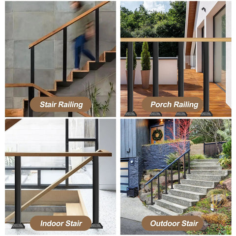 Collage of Eight Pack Black Indoor Railing Post Kit with 270 Degree Adjustable Brackets for stairs, porch, and outdoor railings.