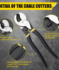 No Fuss Heavy Duty Cable Cutter Built Tough With Superior High Leverage Jaws and Comfortable Non Slip Handles, detail of the durable blade and cushioned grips.