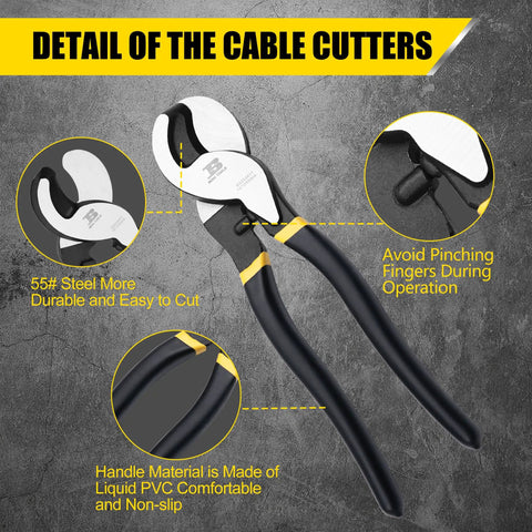 No Fuss Heavy Duty Cable Cutter Built Tough With Superior High Leverage Jaws and Comfortable Non Slip Handles, detail of the durable blade and cushioned grips.