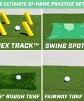 Image showing 5 Ft By 4 Ft Pro Golf Practice Mat with 5 interchangeable inserts for swing practice, including HEX Track and Swing Spot.