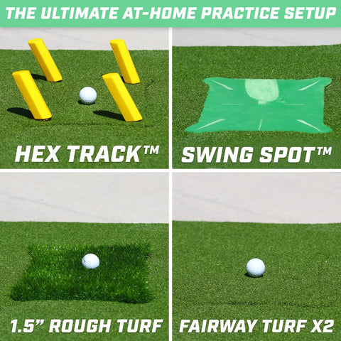 Image showing 5 Ft By 4 Ft Pro Golf Practice Mat with 5 interchangeable inserts for swing practice, including HEX Track and Swing Spot.