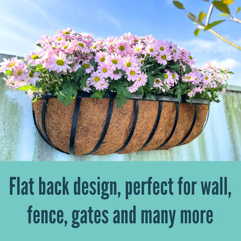 Slap These Black Metal Wall Planters On Any Deck Railing For A Quick Backyard Glow Up With A 2 Pack Of 24 Inch Outdoor Garden Boxes Equipped With Natural Coco Liners For Fence Balcony And Patio Vibes, featuring pink flowers in flat back design.