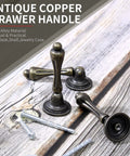 Antique Copper Drawer Handle with screws, made of zinc alloy, ideal for desks, shelves, and jewelry cases, on wooden surface.