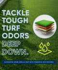 Outdoor Odor Eliminator For Pets Enzyme Cleaner bottle on turf with graphic layers showing deep cleaning capability.