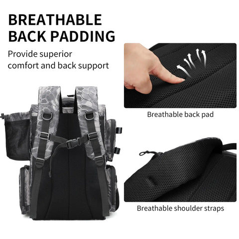 All In One Fishing Tackle Backpack With Rod Holders, view of breathable back padding and shoulder straps, 42L water resistant gear pack