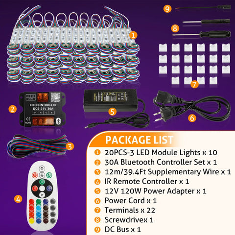 Storefront RGB LED Strip Lights With Bluetooth App Control And Remote, 120Ft Waterproof Sign Lighting Kit components