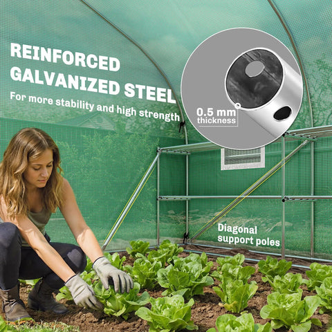 Person tending plants inside Walk In Tunnel Greenhouse With Shelves And Mesh Door For Easy Plant Care Great For Weekend Green Thumbs Outdoor Greenhouse With Two Tier Racks Windows PE Cover Perfect For Patio Garden.