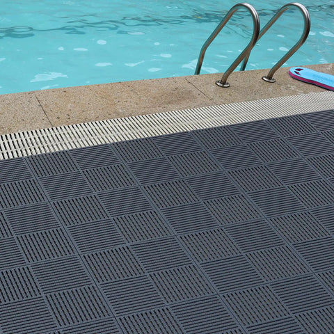 9 Pack 12 Inch Square Interlocking Floor Tiles With 0.4 Inch Thick Dark Gray Non Slip Mats And Drainage Grooves For Pool Deck Shower Bathroom Garage Boat And Other Wet Areas Highly Grippy And DIY Friendly installed by a pool