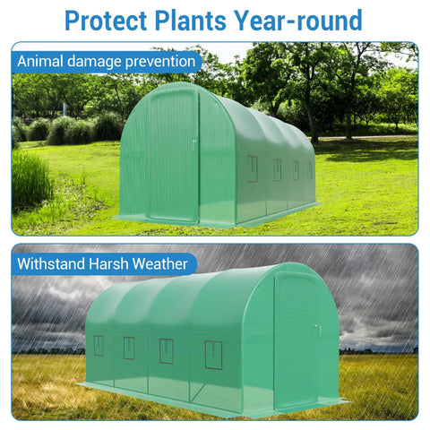Walk In Greenhouse 15x7x7 Ft Outdoor Garden Shelter With Heavy Duty Galvanized Steel Hoop Frame Durable PE Cover 8 Windows And Swing Door All Season Plant Tunnel For Vegetables Herbs And Year Round Growing
