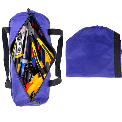 Heavy Duty 15.7 Inch Tool Pouch With Zipper Waterproof Canvas Utility Bag Wide Mouth Handle Tote, shown open with tools inside, and closed view.