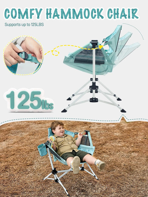 Kid sitting on Kids Hammock Chair Foldable With Stand, Portable Camping Swing Chair with cup holder, outdoor setting