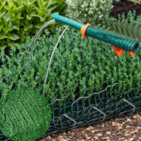 Heavy Duty Galvanized Landscape Staples Kit With 50 U Shaped Stakes 6 Inches Long 11 Gauge Plus 50 Fixing Gaskets And 1 Pick Hook For Weed Barrier Ground Cover Sod Fabric Lawn Decor in use