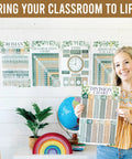 Cool Math Posters For Elementary Classrooms With Multiplication Chart And Place Value Chart Laminated 11x17 Wall Decor Set Of 12 Greenery Themed Math Bulletin Board Essentials That Make Learning Fun displayed in classroom with teacher