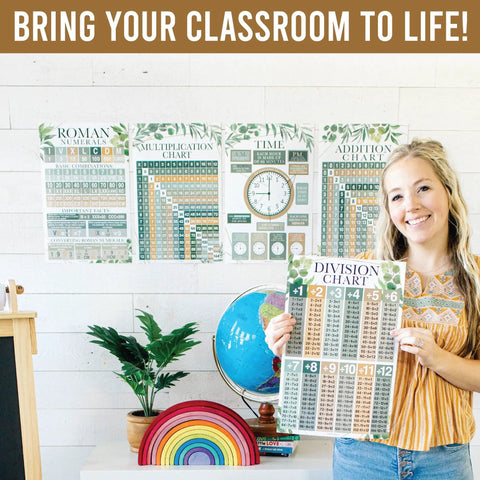 Cool Math Posters For Elementary Classrooms With Multiplication Chart And Place Value Chart Laminated 11x17 Wall Decor Set Of 12 Greenery Themed Math Bulletin Board Essentials That Make Learning Fun displayed in classroom with teacher