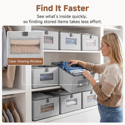 Top Shelf Fabric Storage Bins With Clear Mesh Windows And Tough Pull Handles Level Up Your Closet Game In Clean Grey Four Pack For Easy Peasy Organization, with clear viewing windows and a user organizing clothes.