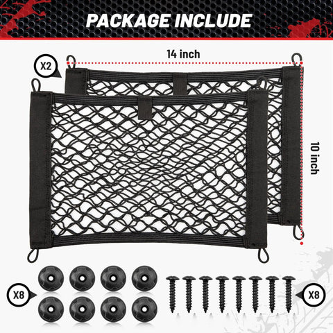 Two Pack 14 By 10 Inch Double Layer Mesh Cargo Net Stretchable Car Organizer Netting For Trunk RV Boat Home Auto With Screws And Hooks Keeps Your Gear From Sliding Around In Your Ride with accessories shown