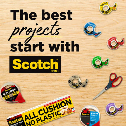 Scotch brand tape and scissors on wood surface with 'The best projects start with Scotch' text.