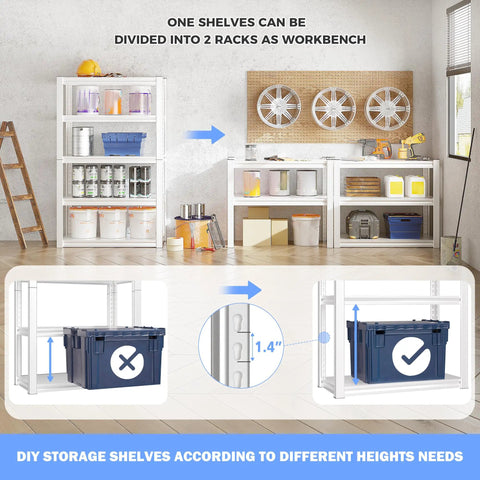 Heavy Duty White Garage Shelving Unit With 5 Adjustable Tiers Up To 2000 Lbs Capacity Versatile Storage Shelves For Pantry Kitchen Closet Basement Or Warehouse 16.5 In D By 32 In W By 63 In H, white metal shelves split into two racks