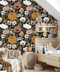 Black Vintage Floral Peel And Stick Wallpaper With Daisy Flowers And Olive Green Leaves For Powder Rooms And Moody Accent Walls