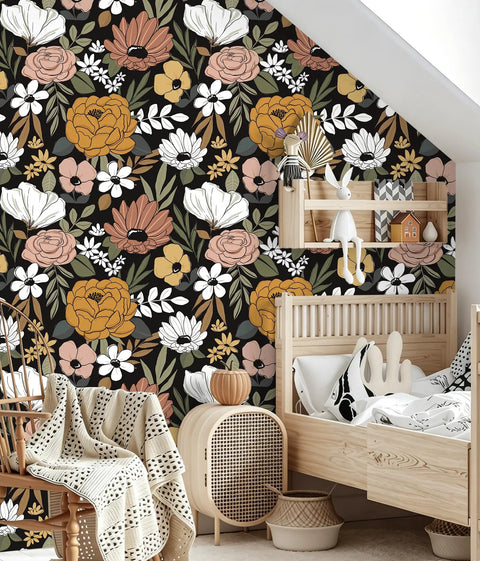Black Vintage Floral Peel And Stick Wallpaper With Daisy Flowers And Olive Green Leaves For Powder Rooms And Moody Accent Walls