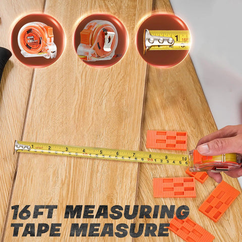 Tape measure shown with spacers from 7-In-1 Laminate Flooring Installation Kit With 60 Spacers, Tapping Block With Handle, Pull Bar.
