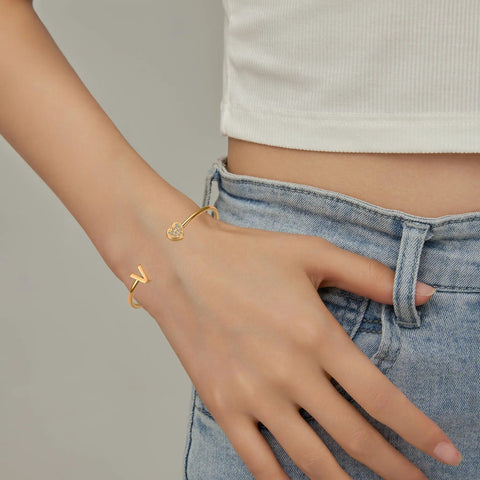 Personalized Dope Initial Letter Bangle For Women Gold Stainless Steel Heart Cuff With Zircon A To Z Name Pendant Adjustable
