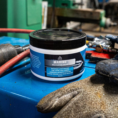 Go-To Premium Mineral Base Marine Grease With Water-Resistant Formula, Heavy-Duty Lubricant, 16 Oz Tub on a workbench