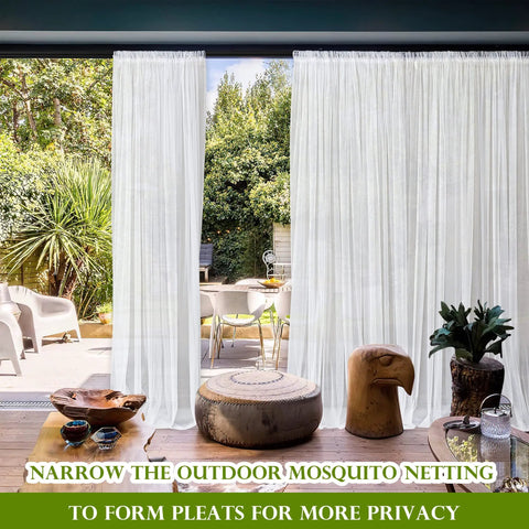 Outdoor Mosquito Net For Porch, Patio, Gazebo 2 Panels Waterproof Sheer Tulle Curtains, Mesh Privacy Drapes With DIY Adjustable Length, White, 118 By 98 Inches installed in patio setting