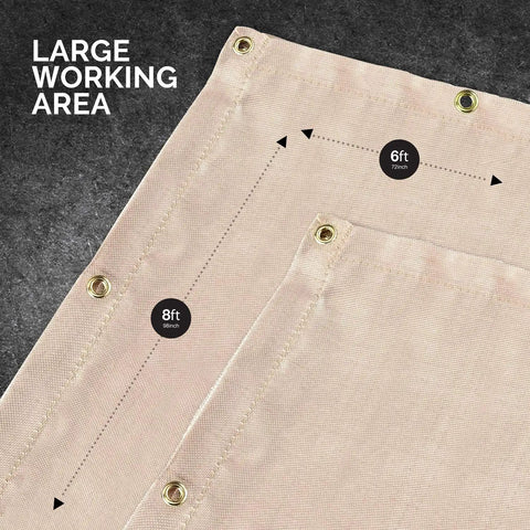 6 Foot By 8 Foot Fiberglass Welding Blanket With Brass Grommets showing large working area and measurements