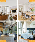 Collage of living room, kitchen, office, and bedroom interiors, each with distinct decor and furniture styles, labeled accordingly.