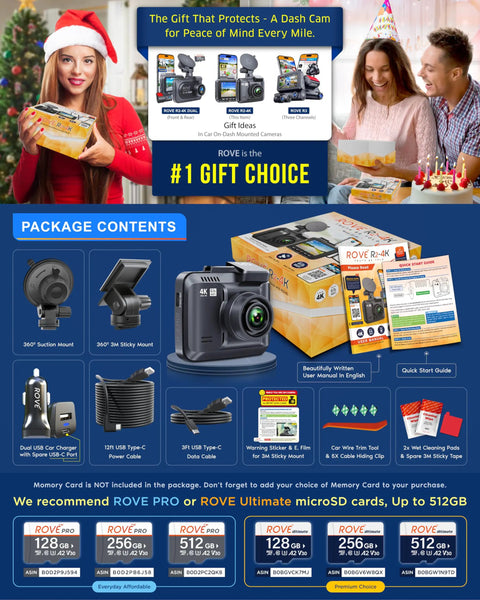 4K Dash Cam With WiFi 6 GPS For Clear Night Vision And WDR Ultra HD 2160P 150 Degree Wide Angle in gift package display.