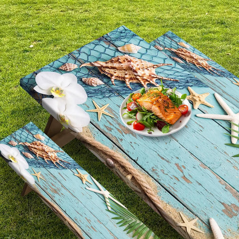 Picnic Table Cover With Bench Covers Elastic Edges 72 Inch 3 Piece Set Waterproof Outdoor Tablecloth With Drawstring Bag Beach Vibes