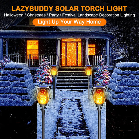 Sun Powered Solar Torch Lights Outdoor Flickering Flame 3 In 1 Detachable Hanging Lanterns No Wiring Auto On Off IP65 Waterproof Tiki Torches For Garden Path Patio Yard Decor 6 Pack lighting a snowy path