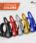 Five colored Ultralight Quick Release Seatpost Clamp 34.9 mm For Bikes CNC 7075 Aluminum Anti Rust Anodized Black Finish Ultra Durable And Lightweight About 36g Built To Last displayed.