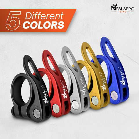 Five colored Ultralight Quick Release Seatpost Clamp 34.9 mm For Bikes CNC 7075 Aluminum Anti Rust Anodized Black Finish Ultra Durable And Lightweight About 36g Built To Last displayed.