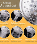 High Pressure 2 In 1 Handheld And Rain Shower Head System with 5 setting dial and spray patterns.