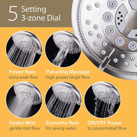 High Pressure 2 In 1 Handheld And Rain Shower Head System with 5 setting dial and spray patterns.