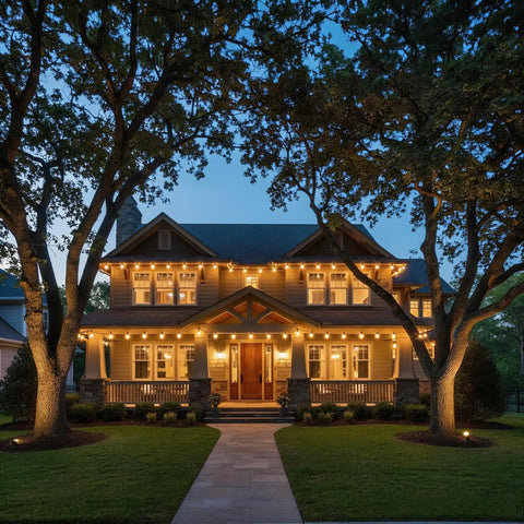 Outdoor String Lights 150 Ft G40 LED Patio Lights Plug In Waterproof Connectable Globe Bulbs 75 E12 Warm White 2700K Perfect For Cafe Backyard Porch Balcony Decor illuminating a house facade.