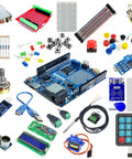 STEM V4 IoT Starter Kit Compatible With Arduino Uno R4 WiFi with sensors, module boards, breadboard, and cables for prototyping.