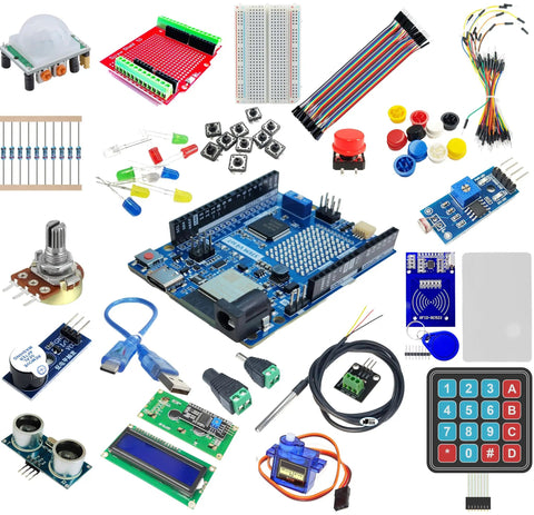 STEM V4 IoT Starter Kit Compatible With Arduino Uno R4 WiFi with sensors, module boards, breadboard, and cables for prototyping.