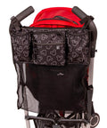 Cups N Cargo Stroller Caddy Organizer with Cup Holder for Any Stroller, Mickey Mouse Black design on a red stroller.