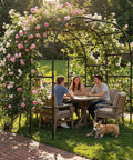 Tall 88 Inch Garden Arch Trellis For Climbing Plants Outdoor Metal Archway That Looks Boss with people sitting beneath floral cover