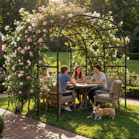 Tall 88 Inch Garden Arch Trellis For Climbing Plants Outdoor Metal Archway That Looks Boss with people sitting beneath floral cover